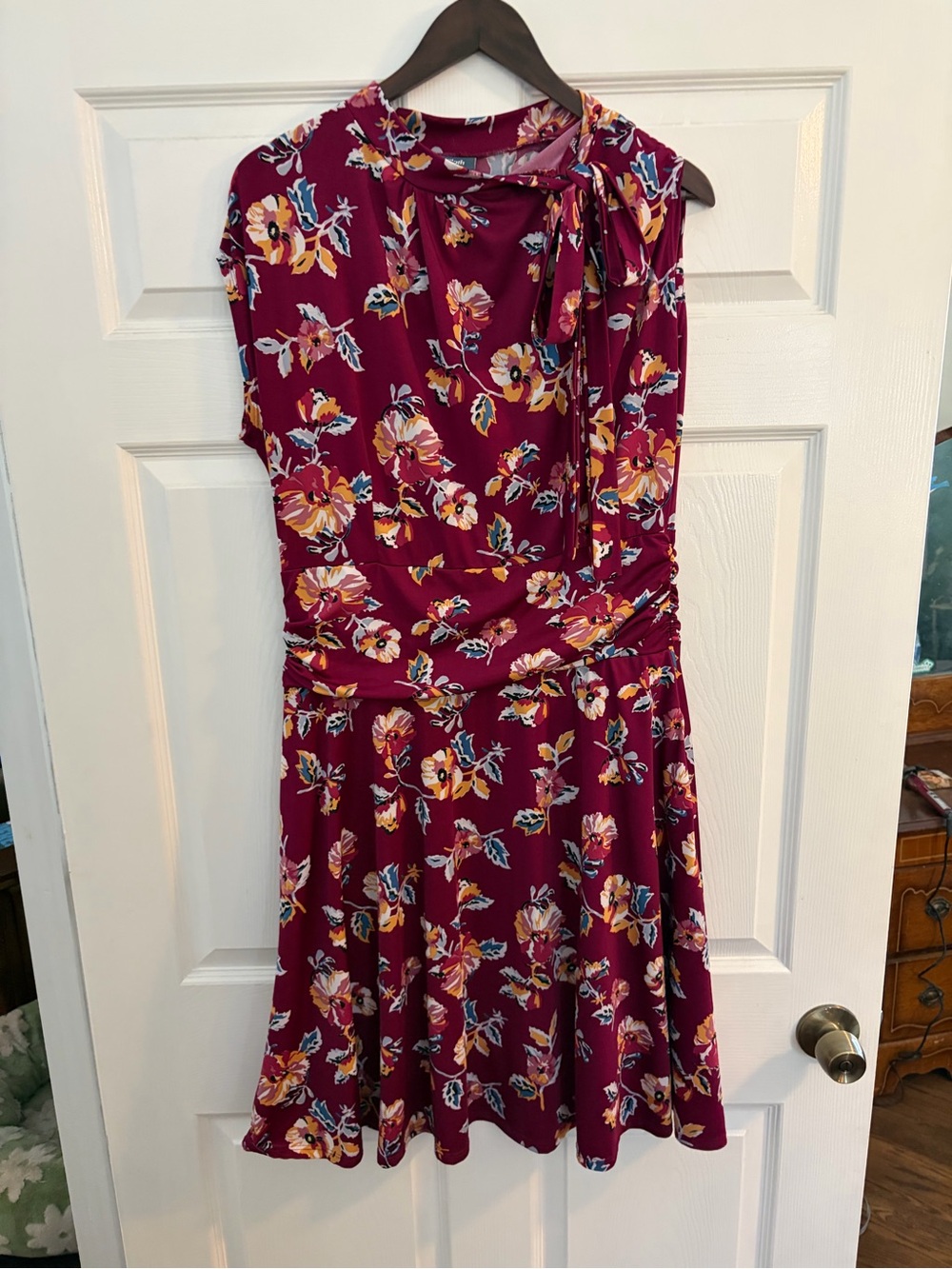 Modcloth Burgundy Floral Tie-Neck Dress